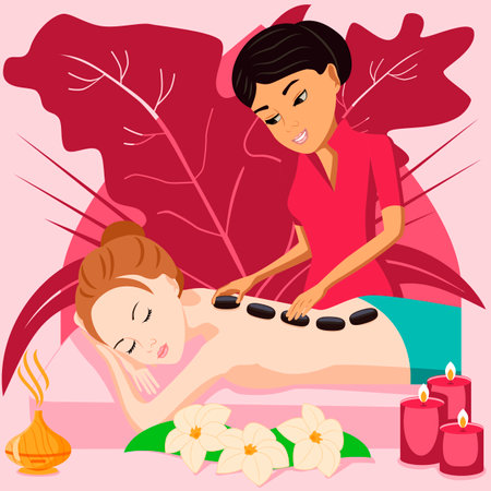 Hot Stone Massage. Therapy and treatment by professional therapist in SPA. Isolated flat vector illustration. Eastern and European ethnicity.のイラスト素材