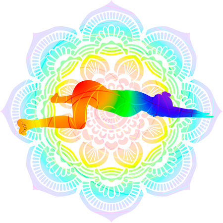 Colorful silhouette of woman practicing Bhekasana yoga pose. Frog pose. Intermediate Difficulty. Isolated vector illustrationのイラスト素材