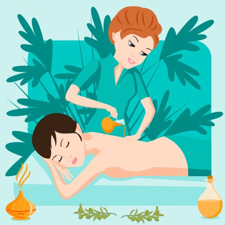Aromatherapy massage. Therapy and treatment by professional therapist in SPA. Isolated flat vector illustration. European ethnicity.のイラスト素材