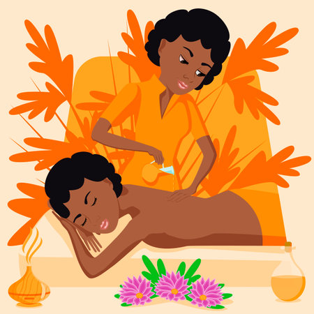 Aromatherapy massage. Therapy and treatment by professional therapist in SPA. Isolated flat vector illustration. African ethnicity.のイラスト素材