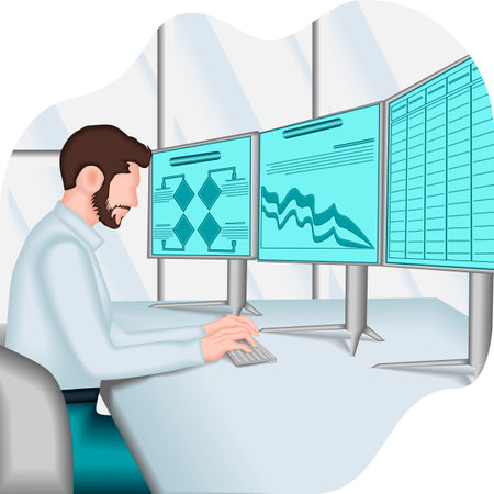 A man is studying the reports to identify and understand problems in the decision-making process. Business concept. 2D vector illustration.のイラスト素材