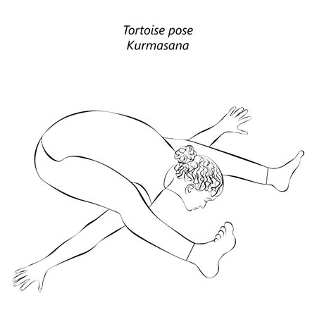 Sketch of young woman practicing Kurmasana yoga pose. Tortoise pose. Intermediate Difficulty. Isolated vector illustration.のイラスト素材