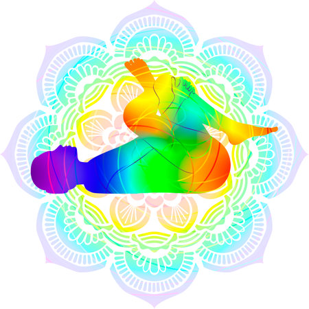 Colorful silhouette of woman practicing Supta Kapotasana yoga pose. Supine Pigeon pose, Supine Figure Four pose. Isolated vector illustrationのイラスト素材