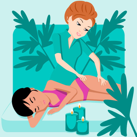 Lymphatic massage. Therapy and treatment by professional therapist in SPA. Isolated flat vector illustration. European and Indian ethnicity.のイラスト素材