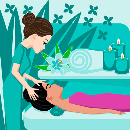 Relaxation massage. Therapy and treatment by professional therapist in SPA. Isolated flat vector illustration. European and Indian ethnicity.のイラスト素材