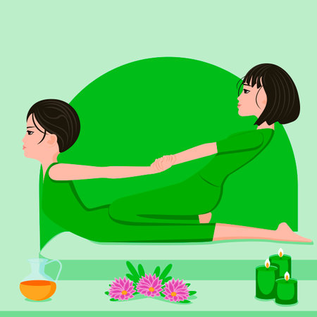 Thai massage. Therapy and treatment by professional therapist in SPA. Asian stretching therapy. Isolated flat vector illustration. Asian ethnicity.のイラスト素材