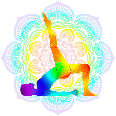 Colorful silhouette of woman practicing Eka Pada Setu Bandha Sarvangasana yoga pose. One Legged Bridge pose.Isolated vector illustrationのイラスト素材