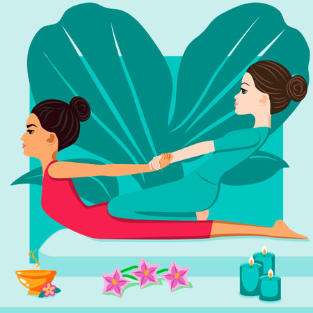 Thai massage. Therapy and treatment by professional therapist in SPA. Isolated flat vector illustration. European and Eastern ethnicity.のイラスト素材