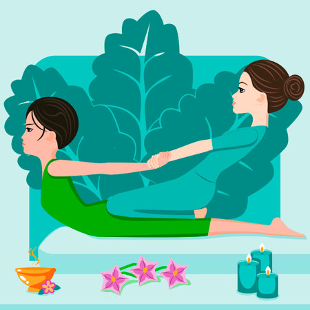 Thai massage. Therapy and treatment by professional therapist in SPA. Isolated flat vector illustration. European and Asian ethnicity.のイラスト素材