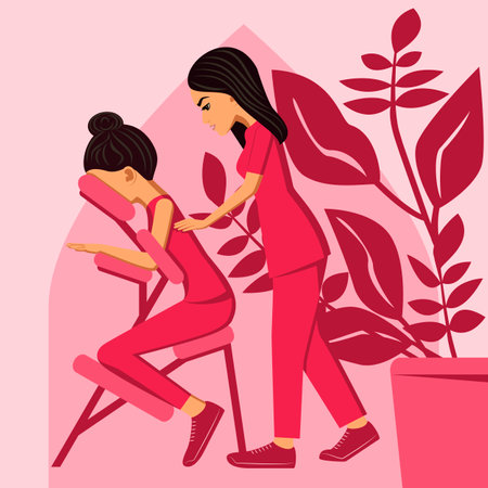 Manual massage. treatment by professional therapist in SPA. Chair Massage Therapy. Isolated flat vector illustration. Eastern ethnicity.のイラスト素材