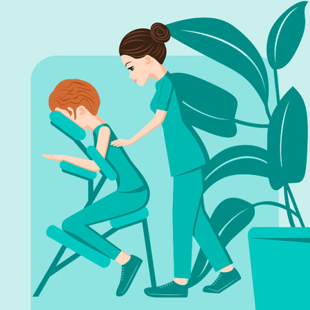 Manual massage. treatment by professional therapist in SPA. Chair Massage Therapy. Isolated flat vector illustration. European ethnicity.のイラスト素材