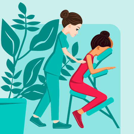Manual massage. treatment by professional therapist in SPA. Chair Massage Therapy. Isolated flat vector illustration. European and Eastern ethnicity.のイラスト素材