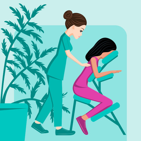 Manual massage. treatment by professional therapist in SPA. Chair Massage Therapy. Isolated flat vector illustration. European and Indian ethnicity.のイラスト素材