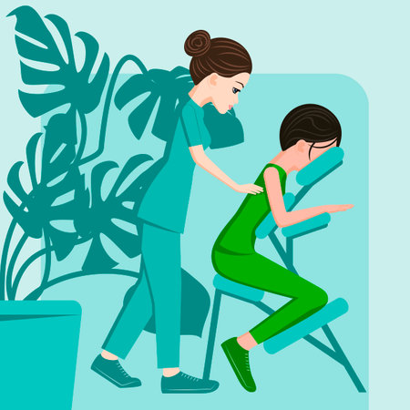 Manual massage. treatment by professional therapist in SPA. Chair Massage Therapy. Isolated flat vector illustration. European and Asian ethnicity.のイラスト素材