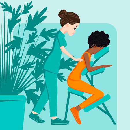 Manual massage. treatment by professional therapist in SPA. Chair Massage Therapy. Isolated flat vector illustration. European and African ethnicity.のイラスト素材
