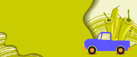 Truck loaded with Banana pepper or yellow wax pepper. Agricultural field. Harvest season. Horizontal banner. Isolated vector illustration.のイラスト素材
