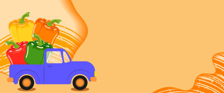 Truck loaded with Sweet bell peppersAgricultural field. Harvest season. Horizontal banner. Isolated vector illustration.のイラスト素材
