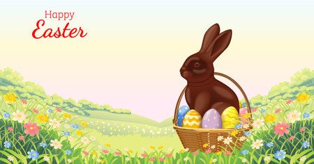Easter horizontal vector illustration with chocolate bunny in wicker basket with painted Easter eggs on blooming spring field and copy space for text.のイラスト素材