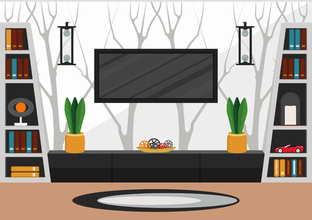 Living room in minimalist style. Modern interior design in white and black colors with fantasy wallpapers with tree patternのイラスト素材
