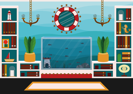 Living room with aquarium. Design of living room in blue colors in marine style. Idea of interior design for beach houseのイラスト素材