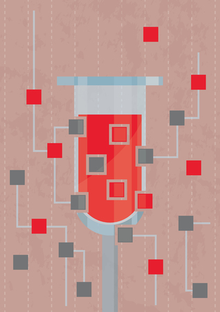 Hacking blood sample. Decoding and transferring the results of assays. A test tube with blood is transformed in the circuit of microchipsのイラスト素材