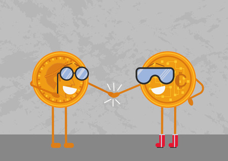 Solid currencies: gold and crypto. A gold coin is shaking hand with cryptocoin (a possible future money)のイラスト素材