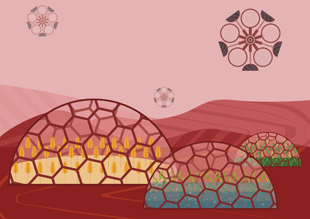 Closed ecological system. Concept of use. A self-sustainable biostation on another planet (Mars) with different plants: wheat, rice, algaeのイラスト素材