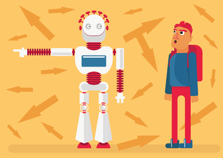 A robot shows a way to a man. Dilemma of Implicit faith to technologyのイラスト素材