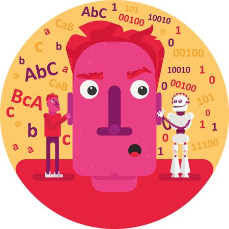 Whom should we trust: our feelings, knowledge and knowledge. A man is listening his voice and robot-neuronet. He doesn?t know who is rightのイラスト素材