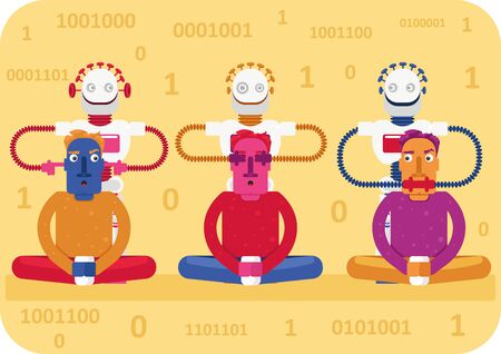 A robot covers eyes, mouth and ears of a man. He see, hear and say instead of the person. Illustration decision makingのイラスト素材