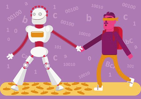 Follow me. Should we always trust neuronet? A robot leads off a man with a bandage on his eyes. He doesn?t follow the botのイラスト素材