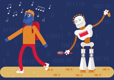 A robot follows a man watching and analyzing his footprints. It is where we?ve beenのイラスト素材