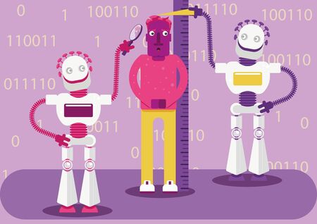 Two robots are trying to understand his preferences. Artificial intelligence detects our activity in the Internet.のイラスト素材