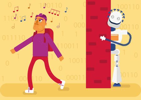 A man is listening a music, while a robot follows him and spying. It is where we?ve beenのイラスト素材