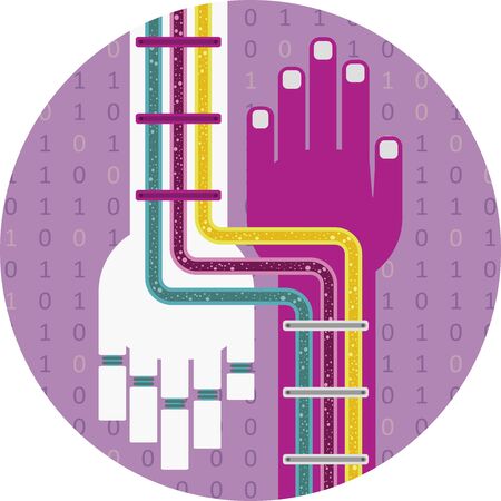 We are the same. How artificial intelligence will interact with us. A robot's hand is connected with human's hand through tubes and microchips, converting two organisms in oneのイラスト素材