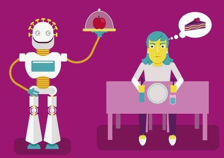 Artificial intelligence knows better. How a neuronetwork analises us and offers a better decision based on results. A robot offers healthy food instead of junk food as we need to have a healthy dietのイラスト素材