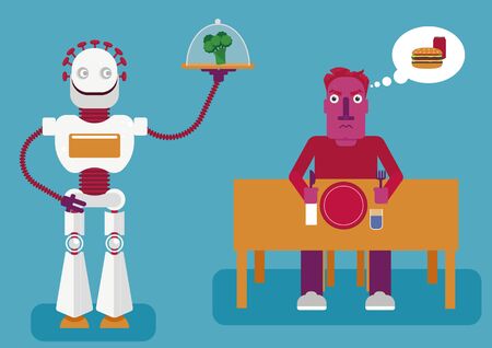 Artificial intelligence knows better. How a neuronetwork analises us and offers a better decision based on results. A robot offers healthy food instead of junk food as we need to have a healthy dietのイラスト素材