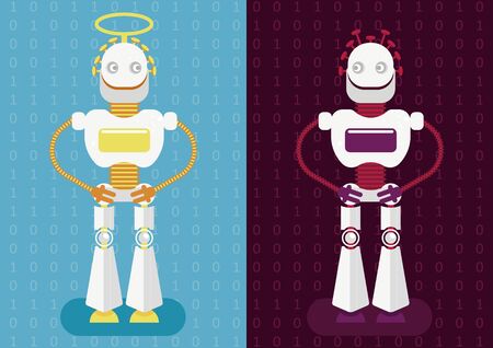 Good and bad artificial intelligence. As every invention and technology neuronet could be used for benefits or for harm of humanity (as cyber crime). Possibility of integration of AI in our lifeのイラスト素材