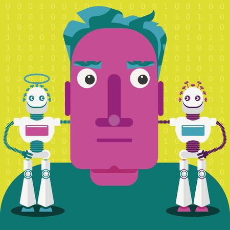 Possibility of integration of AI in our life. How artificial intelligence influence on our life. It could be good or bad and used for benefits or for harm of humanity (as cyber crime)のイラスト素材