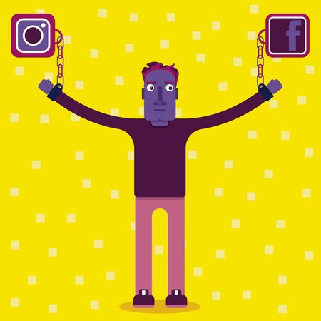 Always connected. How technology is influencing in our life. The problems of internet and how it distract our attention. A man is strapped by chains to the icons of social networksのイラスト素材
