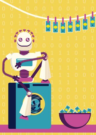 Money-laundering in cyber crime industry. How artificial intelligence will help defrauders. A robot is washing the money and hanging out clean bank notes for dryingのイラスト素材
