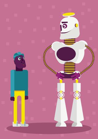 Illustration of how is big the presence of artificial intelligence and neuronal networks in our life and every day it's becoming even bigger. A big robot with a small personのイラスト素材