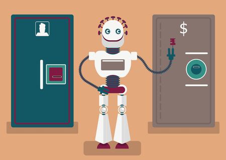 Cyber crime or illustration of how artificial intelligence will help defrauders. A robot has keys from doors, doors are representing different accounts: social media account, bank account, etcのイラスト素材