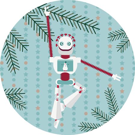 Holiday new years greetings from artificial intelligence. Vector illustration with a robot on blue background. The android is hanging from a christams tree boughのイラスト素材