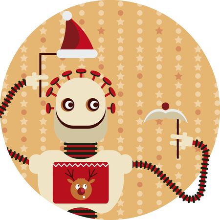 Holiday Christmas greetings from artificial intelligence. Vector illustration with a robot, who is holding Santa's hat and mustacheのイラスト素材