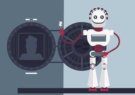 Cyber crime or illustration of how artificial intelligence will help defrauders. A robot opens a strong-box (personal or bank account) and he has a access to all saved informationのイラスト素材