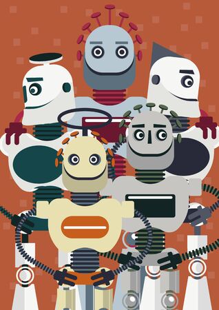 Illustration of how is big the presence of artificial intelligence in our life. A group of five robots is posing like for a movie posterのイラスト素材