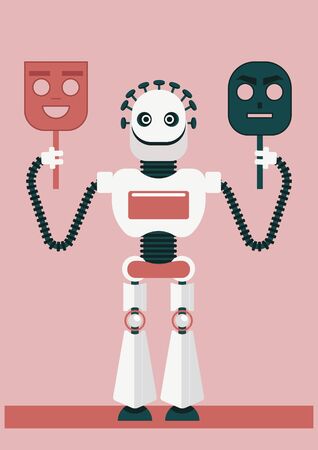 A robot is holding two false face: angry one and smiley one, trying to be someone else. How artificial intelligence could betray us and will help defrauders or cyber criminalsのイラスト素材