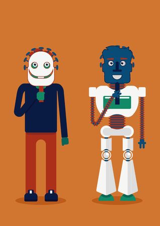 Who is who. A person is holding robot mask and a robot is holding man mask. Whom you will trust more. Illustration of the presence of artificial intelligence in our life and decision makingのイラスト素材