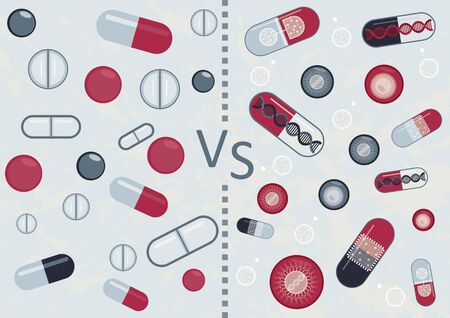 Old medicine and new medicine. Which will be better: usual drugs or cell therapy, gene therapy, nanobots and smart pillsのイラスト素材